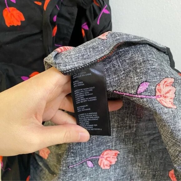 UO Quebec Black Floral Linen Side-Tie Midi Wrap Dress S - Picture 11 of 11